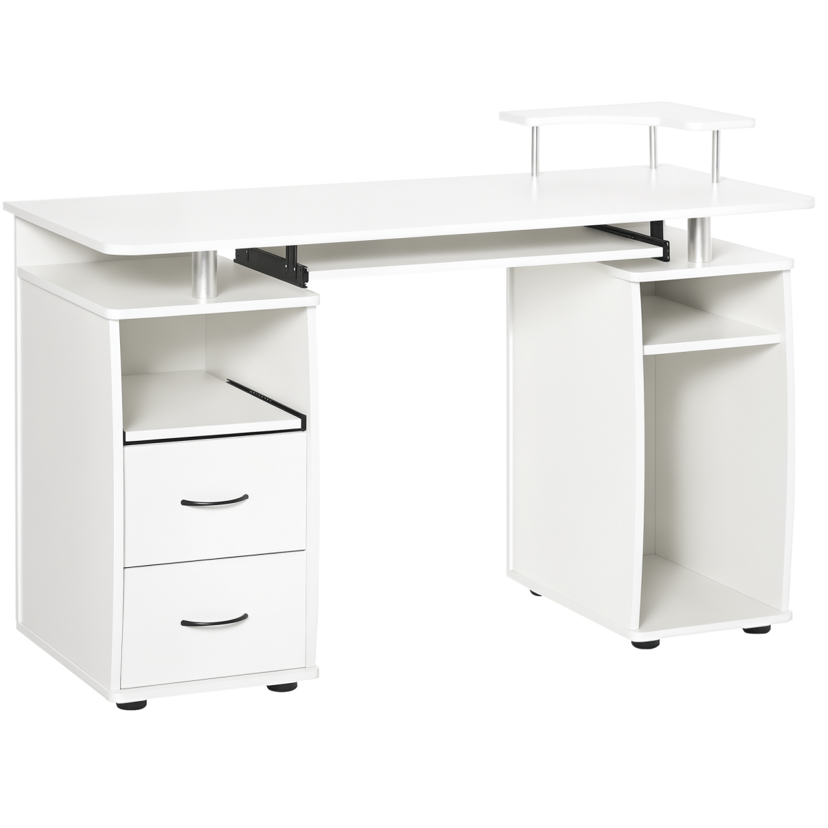 Computer Desk with Keyboard Tray, Home Office Desk with Drawers, CPU Stand, Printer Stand and Open Shelves, Writing Workstation for Study, White