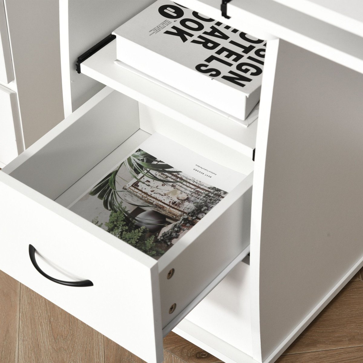 Computer Desk with Keyboard Tray, Home Office Desk with Drawers, CPU Stand, Printer Stand and Open Shelves, Writing Workstation for Study, White