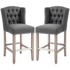 Counter Height Bar Stools Set of 2, Upholstered Bar Chairs with Nailhead Backrest and Footrest, Charcoal Grey