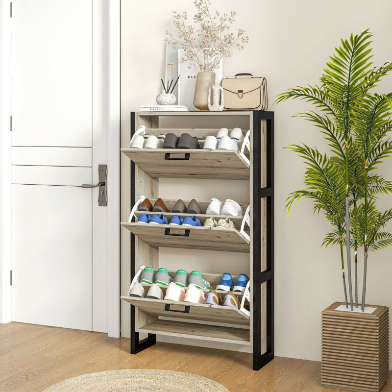 Shoe Cabinet with 3 Flip Drawer, Narrow Slim Shoe Storage Cabinet for 15 Pairs, Walnut