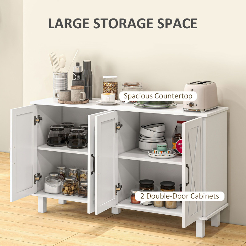 Kitchen Sideboard Cabinet with 4 Barn Doors and 2 Adjustable Shelves, Buffet Table for Living Room, Hallway, White