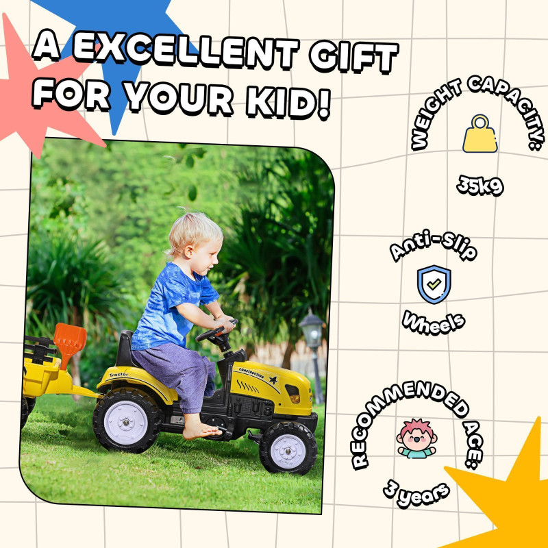 Ride-On Excavator with Back Trailer, Shovel & Rake for Ages 3+