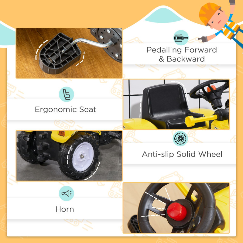Ride-On Tractor for Kids, Pedal Construction Car with Front Loader Digger for 3-Year-Olds, Yellow