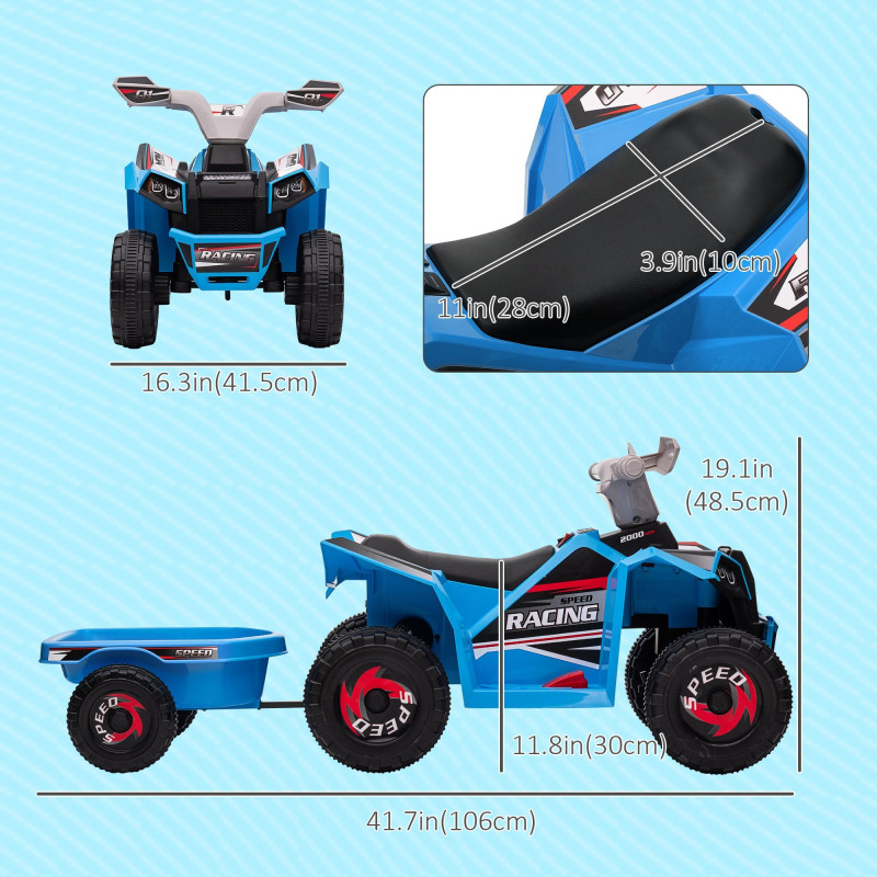 6V Kids ATV Quad, Battery Powered Electric Vehicle with Back Trailer, Wear-Resistant Wheels, for Boys and Girls - Blue