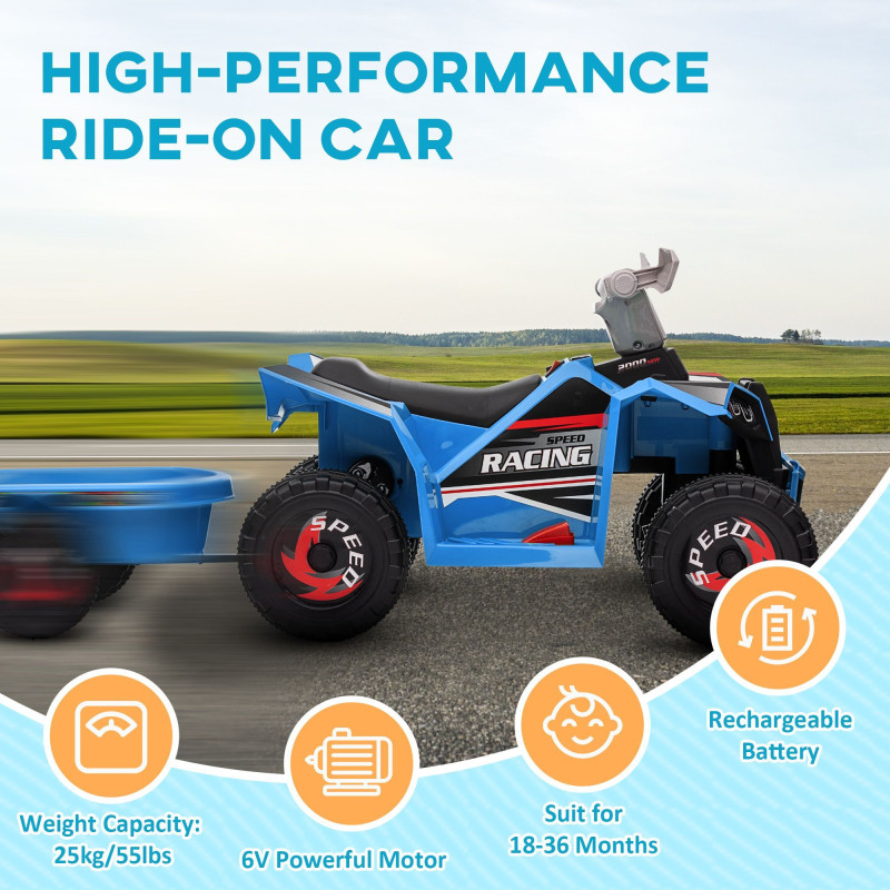 6V Kids ATV Quad, Battery Powered Electric Vehicle with Back Trailer, Wear-Resistant Wheels, for Boys and Girls - Blue