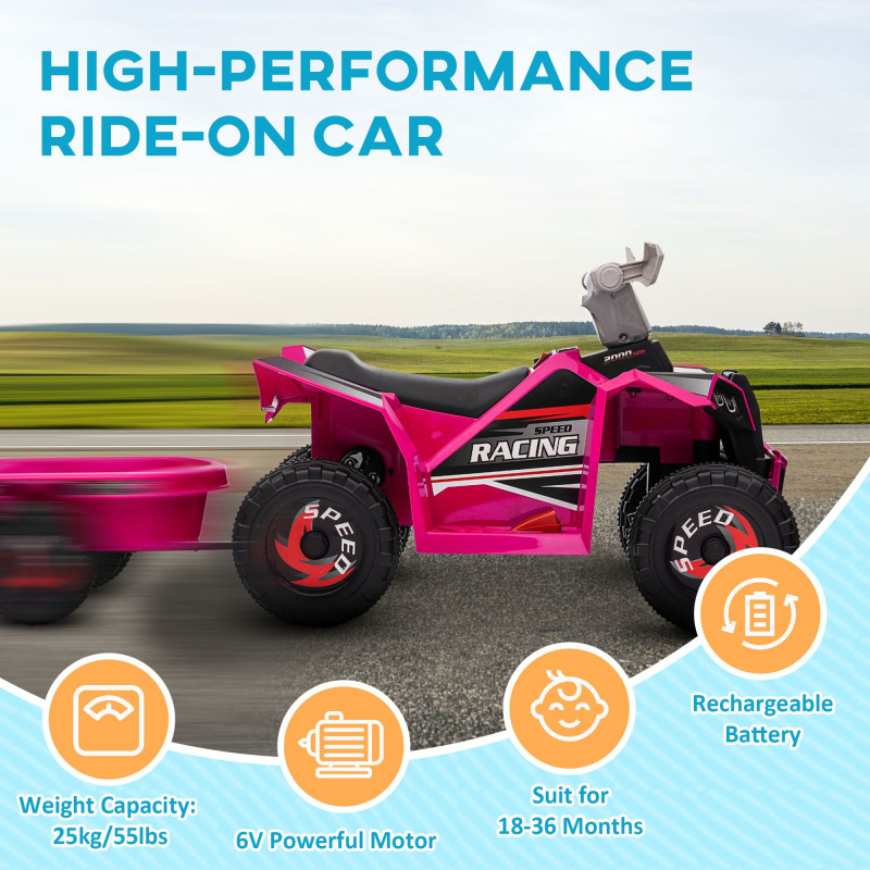 6V Electric Ride-On Toy Car with Back Trailer, Forward/Reverse, Wear-Resistant Wheels, for Ages 18–36 Months, Pink