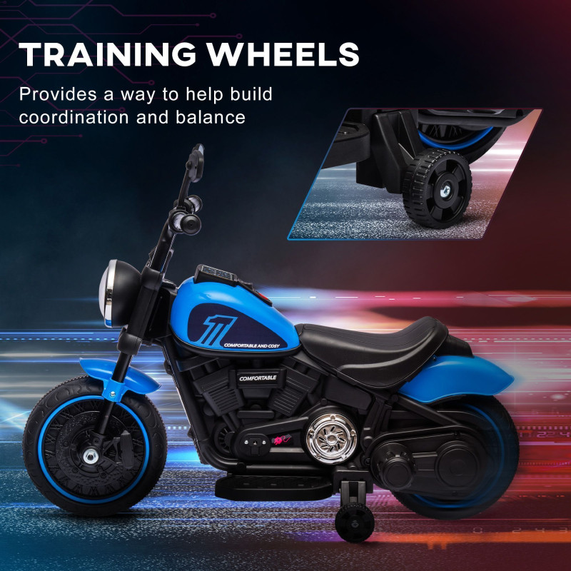6V Kids Motorcycle with Training Wheels, Foot Pedal, Headlight, Music, Forward/Reverse, Single-Button Start, Blue