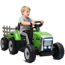 12V Kids Ride-On Tractor with Trailer, Battery Powered Electric Kids Car with Remote Control, Music Start-Up Sound and Horn, USB, LED Lights, Green