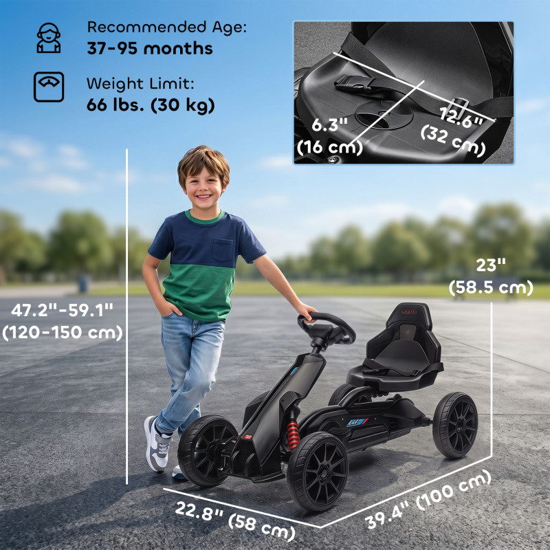 Pedal Go Kart with Adjustable Seat, Forward/Backward Driving, Handbrake, and Shock Absorption for Ages 3–8, Black