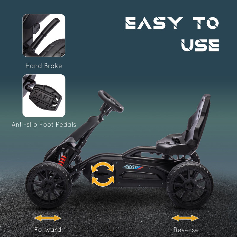 Pedal Go Kart with Adjustable Seat, Forward/Backward Driving, Handbrake, and Shock Absorption for Ages 3–8, Black