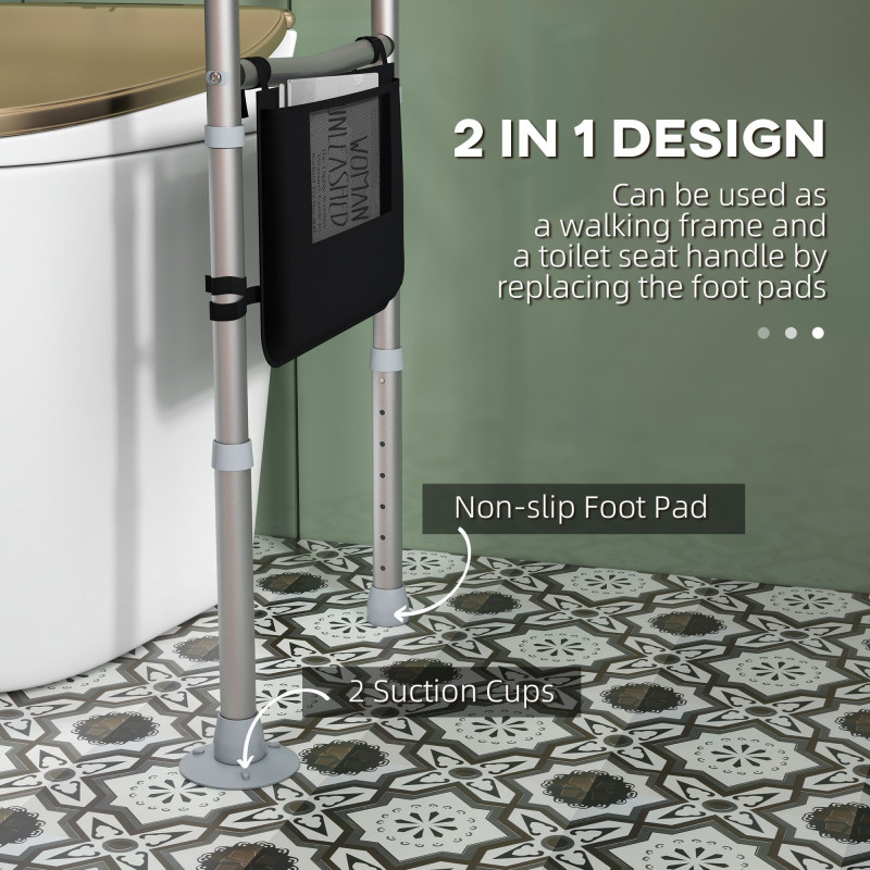 Stand Alone Toilet Safety Frame, Toilet Rails with Adjustable Height Width, 300lb Grab Bar with Suction Cups, Storage, Padded Handles for Elderly