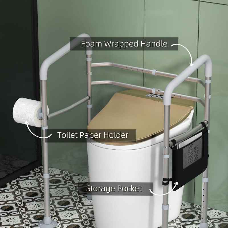 Stand Alone Toilet Safety Frame, Toilet Rails with Adjustable Height Width, 300lb Grab Bar with Suction Cups, Storage, Padded Handles for Elderly