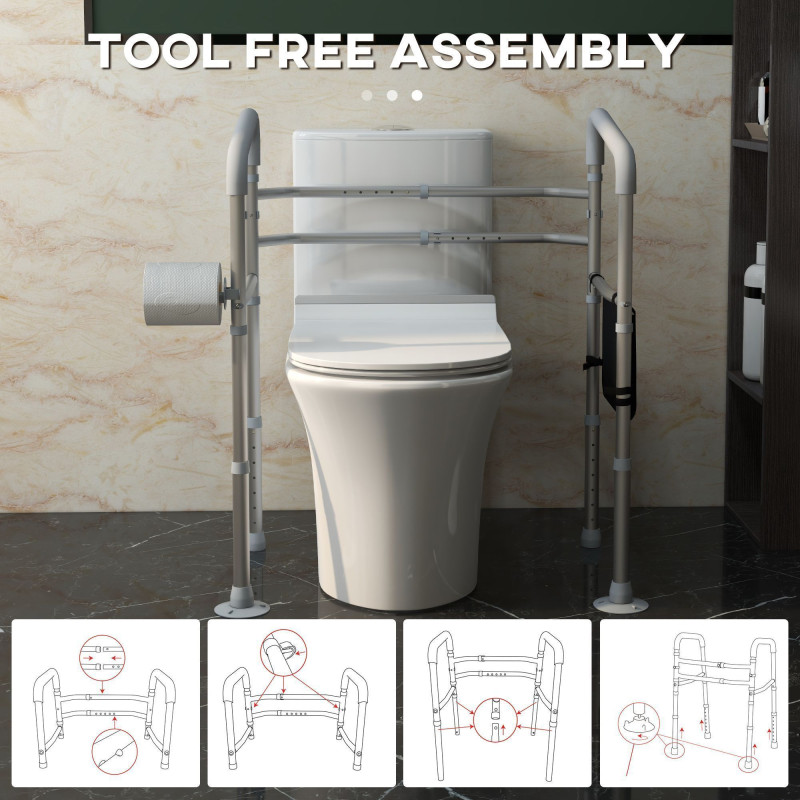 Stand Alone Toilet Safety Frame, Toilet Rails with Adjustable Height Width, 300lb Grab Bar with Suction Cups, Storage, Padded Handles for Elderly