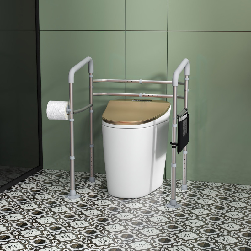 Stand Alone Toilet Safety Frame, Toilet Rails with Adjustable Height Width, 300lb Grab Bar with Suction Cups, Storage, Padded Handles for Elderly