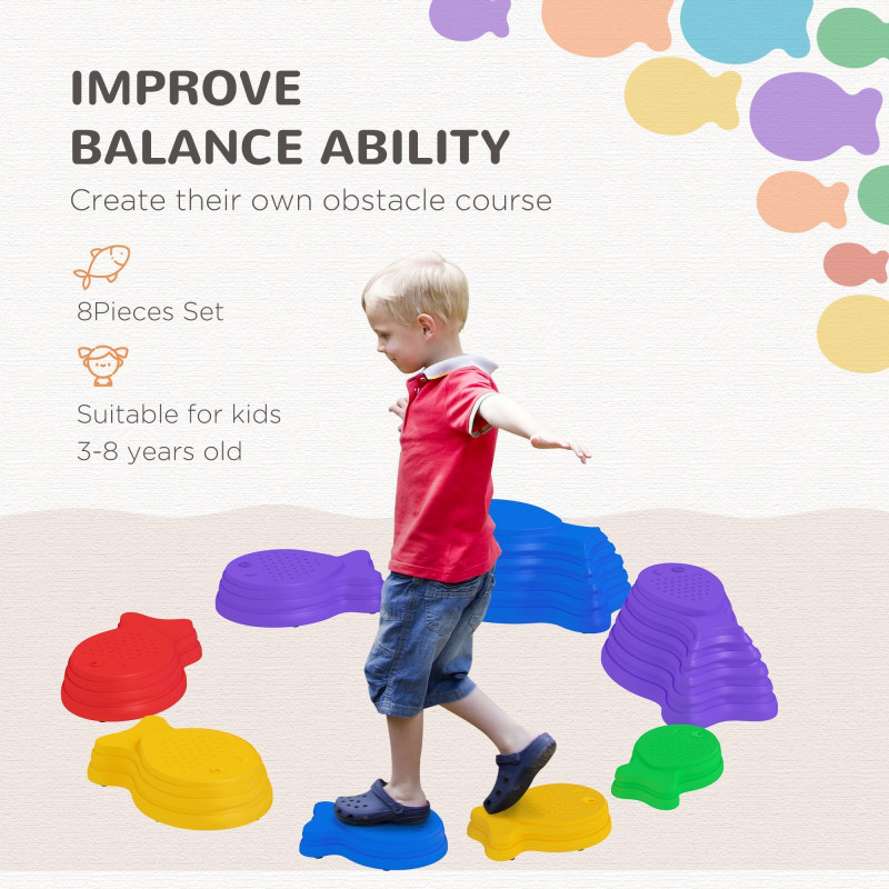 8pcs Balance Stepping Stones for Kids, Fish Style Non-slip Obstacle Course, Larger Size Stackable Balance Blocks Indoor Outdoor