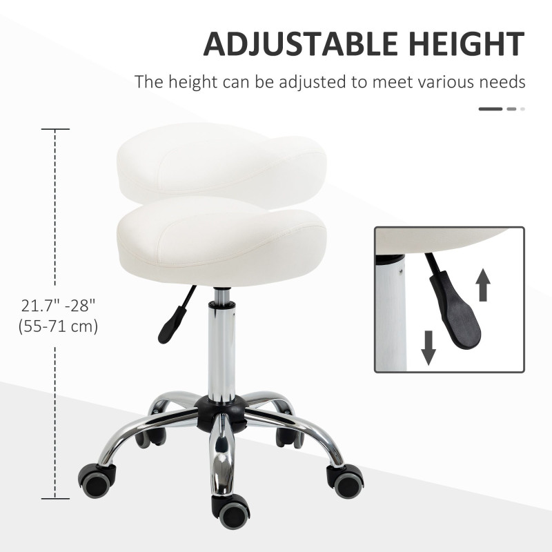 Saddle Stool, Height Adjustable Rolling Salon Chair with PU Leather for Massage, Spa, Clinic, Beauty and Tattoo, White