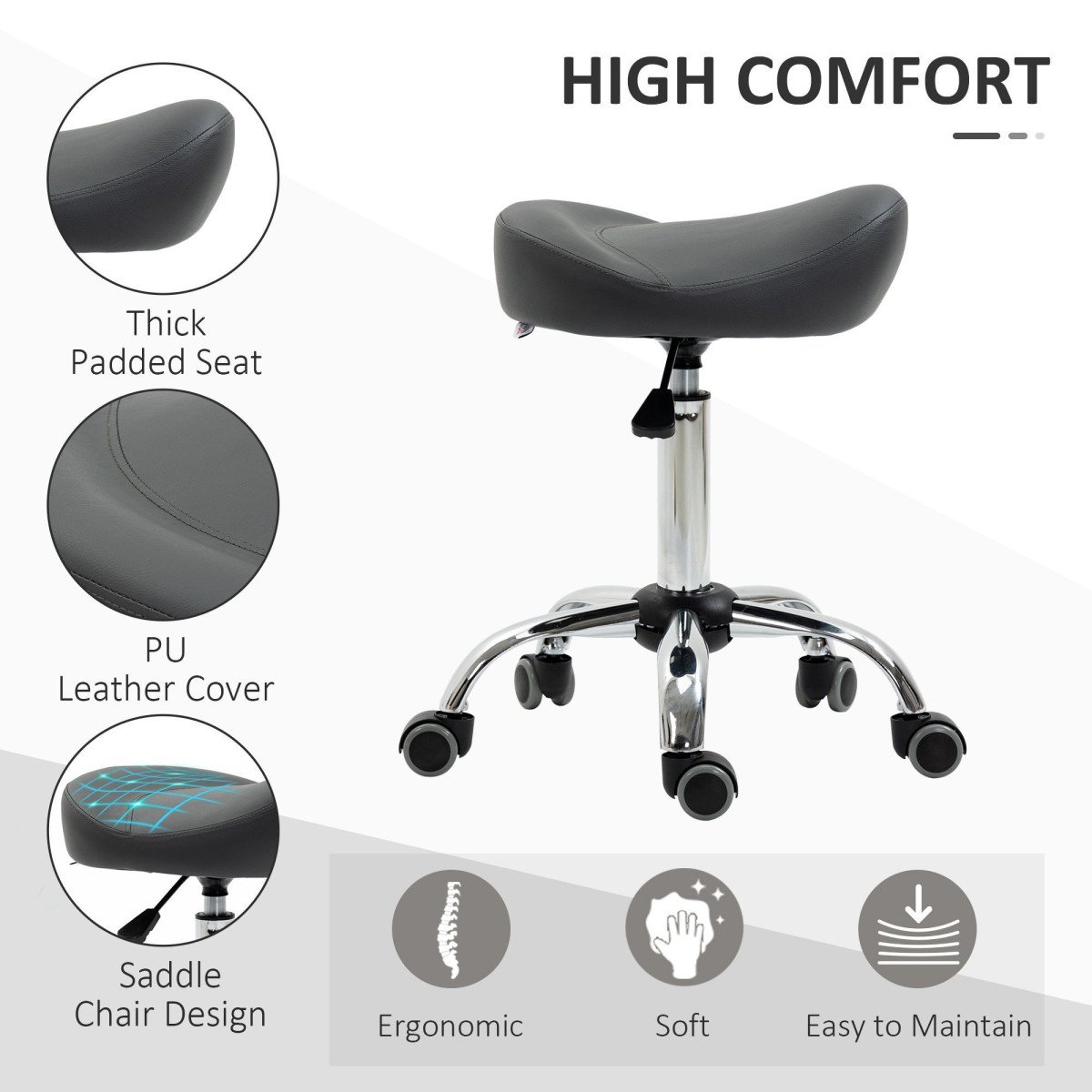 Saddle Stool, Height Adjustable Rolling Salon Chair with PU Leather for Massage, Spa, Clinic, Beauty and Tattoo, Grey