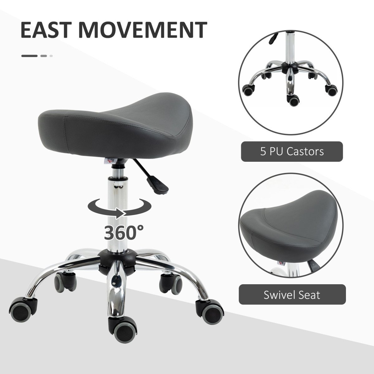Saddle Stool, Height Adjustable Rolling Salon Chair with PU Leather for Massage, Spa, Clinic, Beauty and Tattoo, Grey