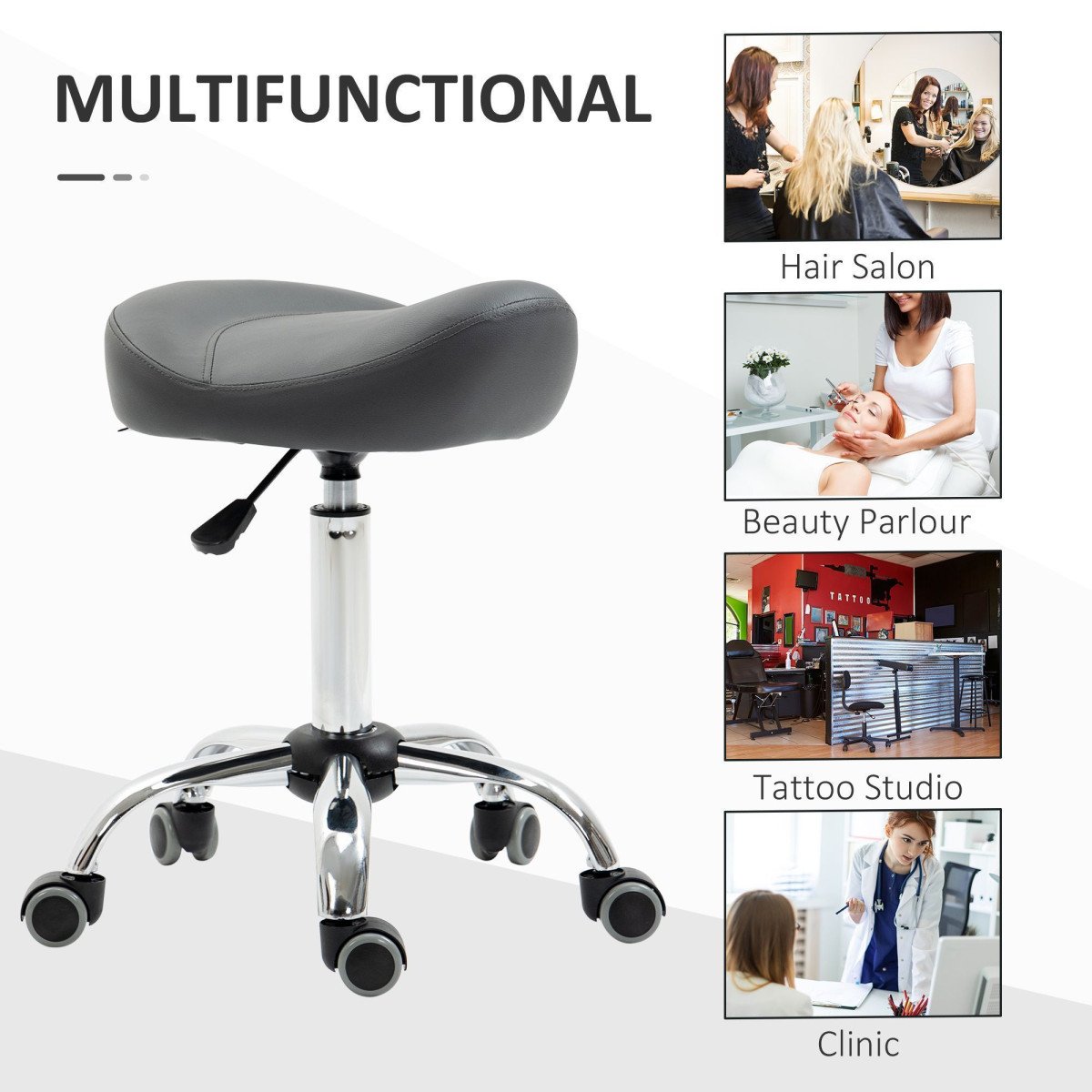 Saddle Stool, Height Adjustable Rolling Salon Chair with PU Leather for Massage, Spa, Clinic, Beauty and Tattoo, Grey