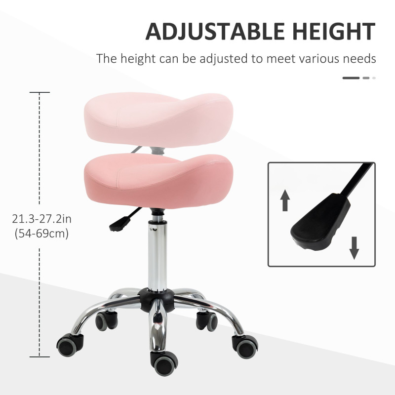 Saddle Stool, Height Adjustable Rolling Salon Chair with PU Leather for Massage, Spa, Clinic, Beauty and Tattoo, Pink