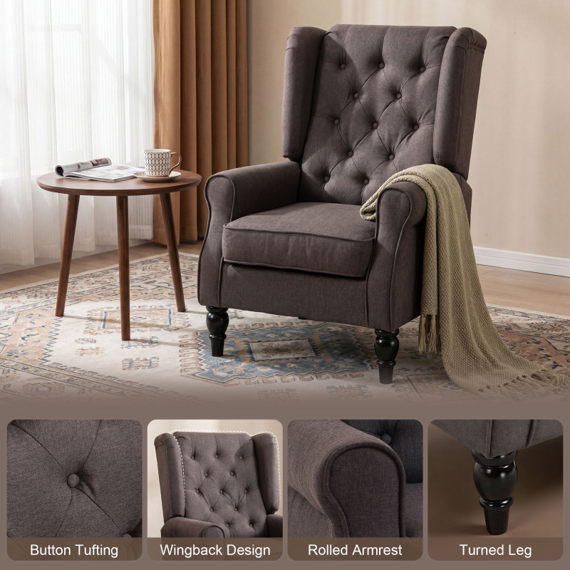 Modern Accent Chairs Button Tufted Armchair, Large Living Room Chair with Wood Legs, Rolled Arms, Thick Padding for Modern Homes, Brown