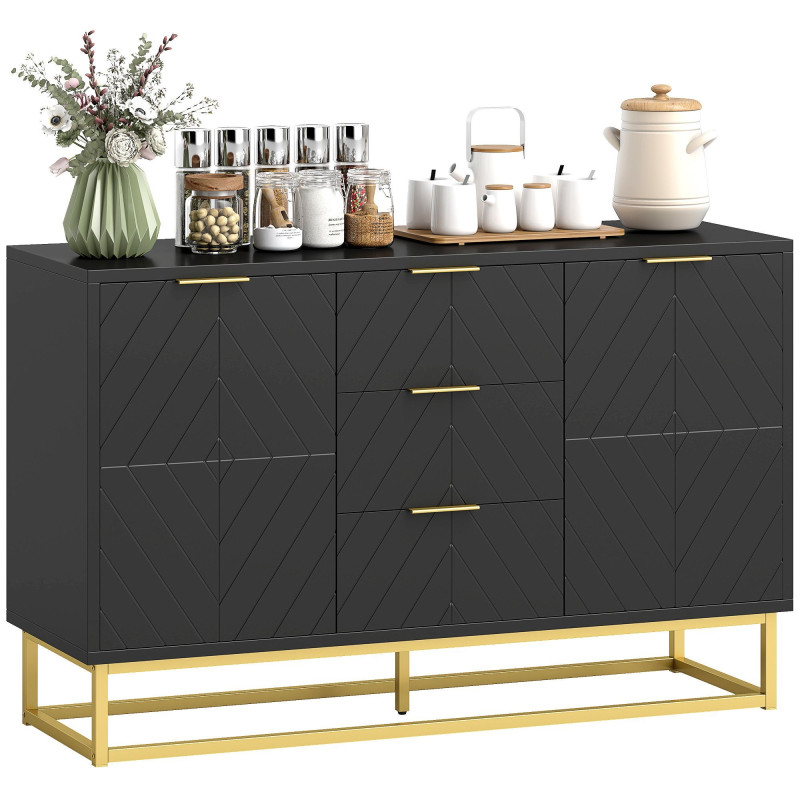 Sideboard Storage Cabinet with 3 Drawers, Adjustable Shelves and Doors, Kitchen Buffet Cabinet for Dining Room, Black