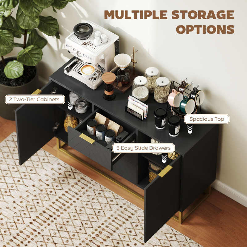 Sideboard Storage Cabinet with 3 Drawers, Adjustable Shelves and Doors, Kitchen Buffet Cabinet for Dining Room, Black