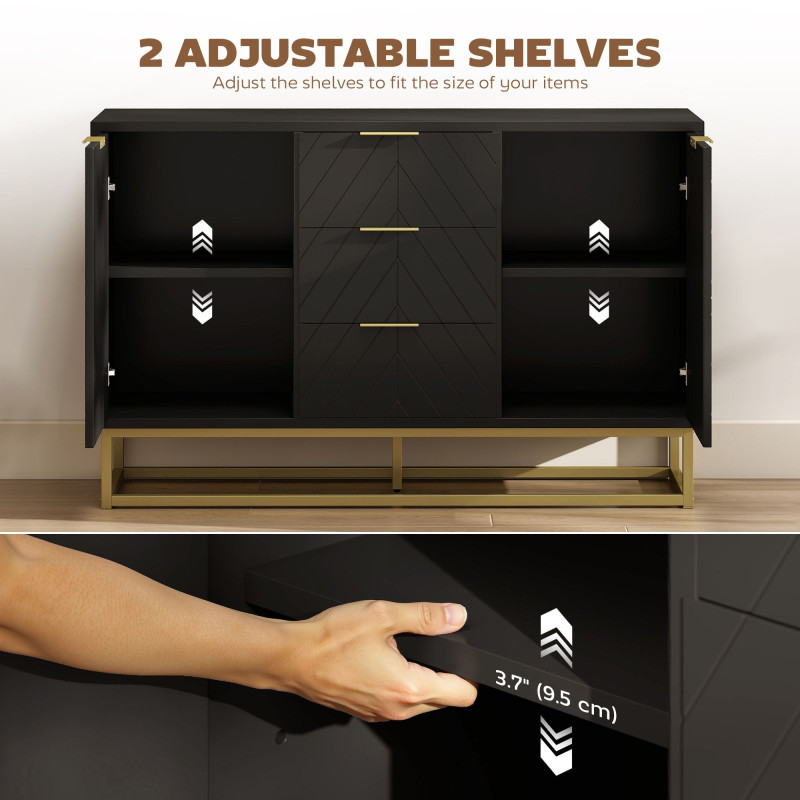 Sideboard Storage Cabinet with 3 Drawers, Adjustable Shelves and Doors, Kitchen Buffet Cabinet for Dining Room, Black