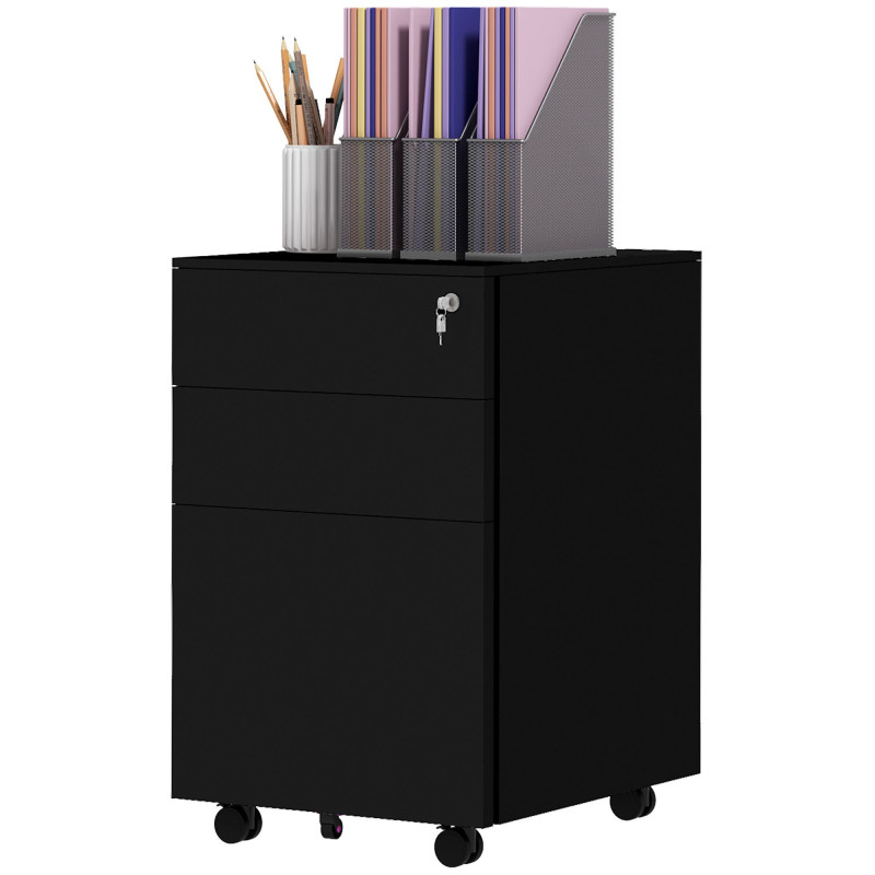 Vertical Steel Filing Cabinet on Wheels, 3-Drawer Lockable File Cabinet with Adjustable Hanging Bar for A4, Legal and Letter Size, for Home Office, Black