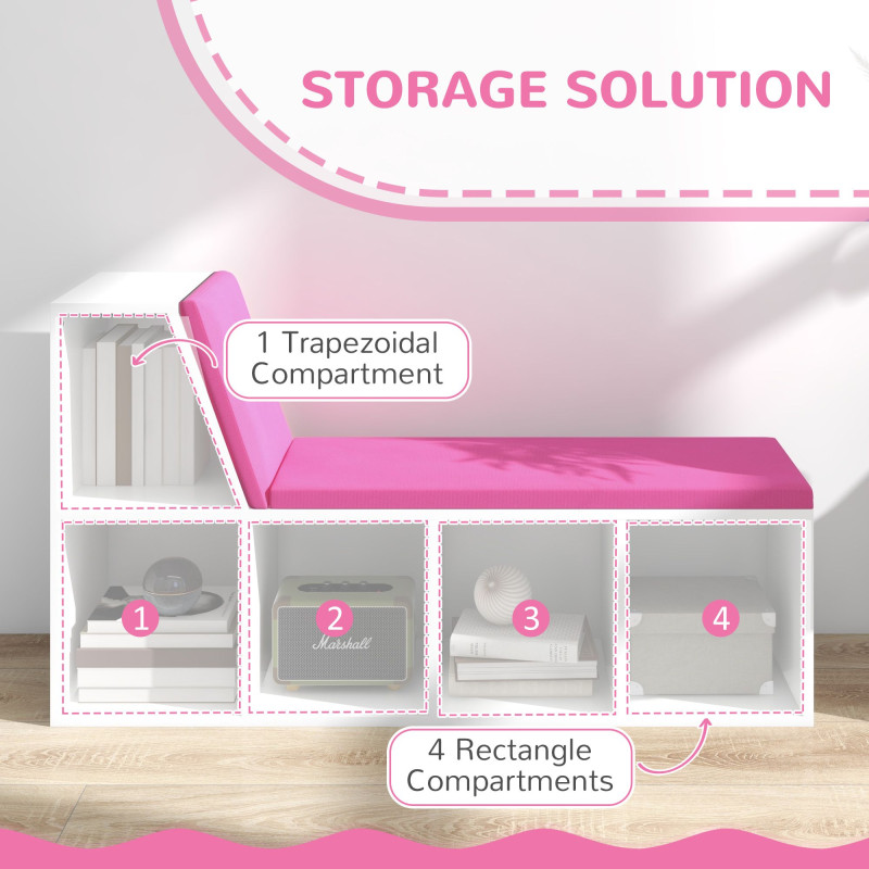 Multi-Purpose Bookshelf with 5 Cubes, 5-Cubby Bookcase with Cushioned Reading Nook and Storage Shelves, Pink