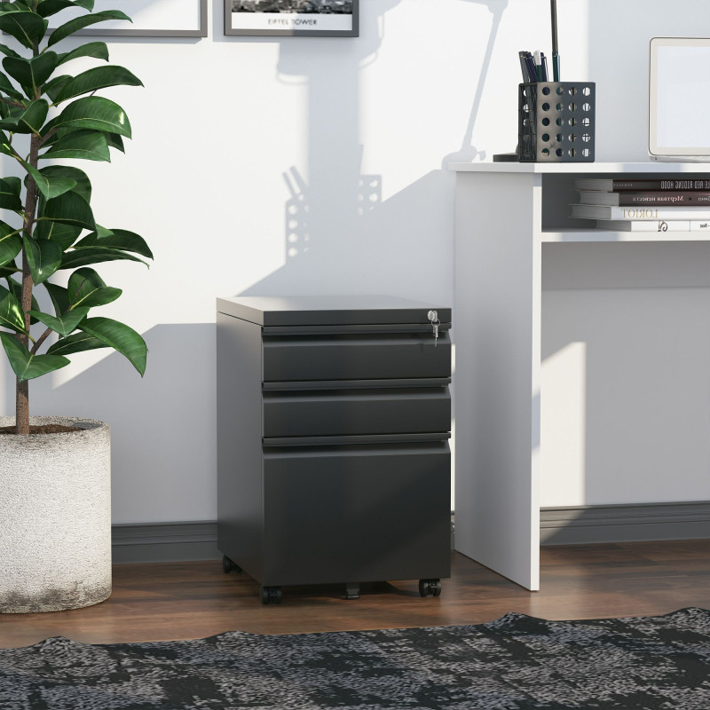 3 Drawer Filing Cabinet, Lockable Office Storage Cabinet on Wheels for Legal, Letter, A4 Files, Black