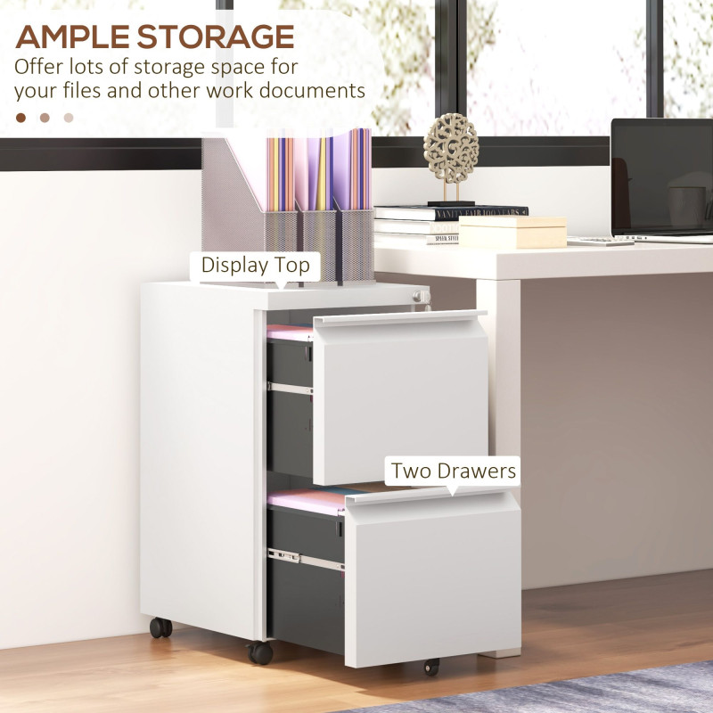 Mobile Vertical Filing Cabinet with Lock, 2-Drawer Steel File Cabinet with Adjustable Hanging Bar for Letter, A4 and Legal Size, White