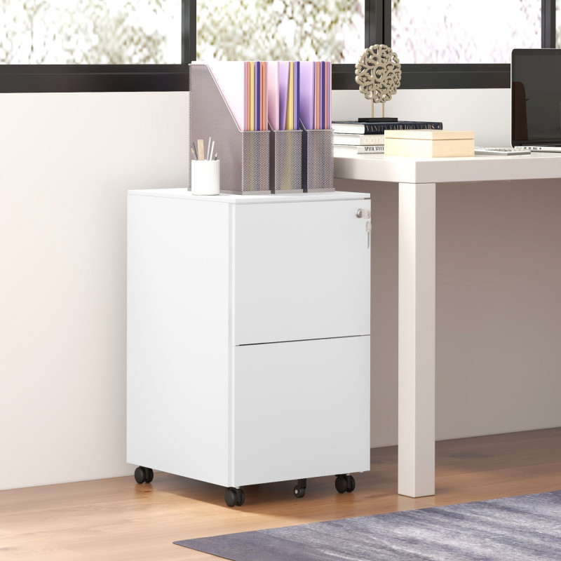 Vertical Steel Filing Cabinet on Wheels, 2-Drawer Lockable File Cabinet with Adjustable Hanging Bar for A4, Legal and Letter Size, White