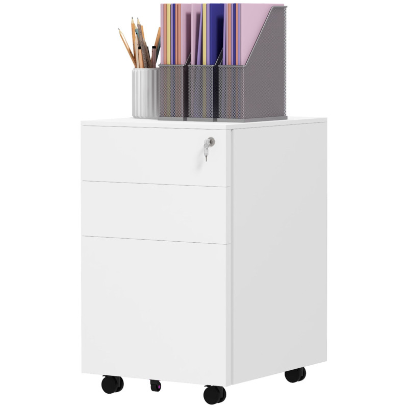 Vertical Steel Filing Cabinet on Wheels, 3-Drawer Lockable File Cabinet with Adjustable Hanging Bar for A4, Legal and Letter Size, for Home Office, White