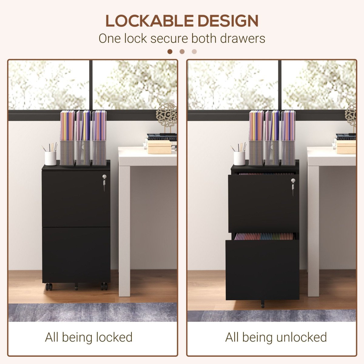 Vertical Steel Filing Cabinet on Wheels, 2-Drawer Lockable File Cabinet with Adjustable Hanging Bar for A4, Legal and Letter Size, Black