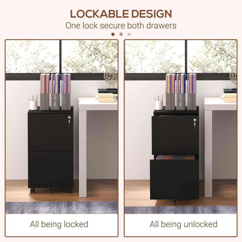 Vertical Steel Filing Cabinet on Wheels, 2-Drawer Lockable File Cabinet with Adjustable Hanging Bar for A4, Legal and Letter Size, Black