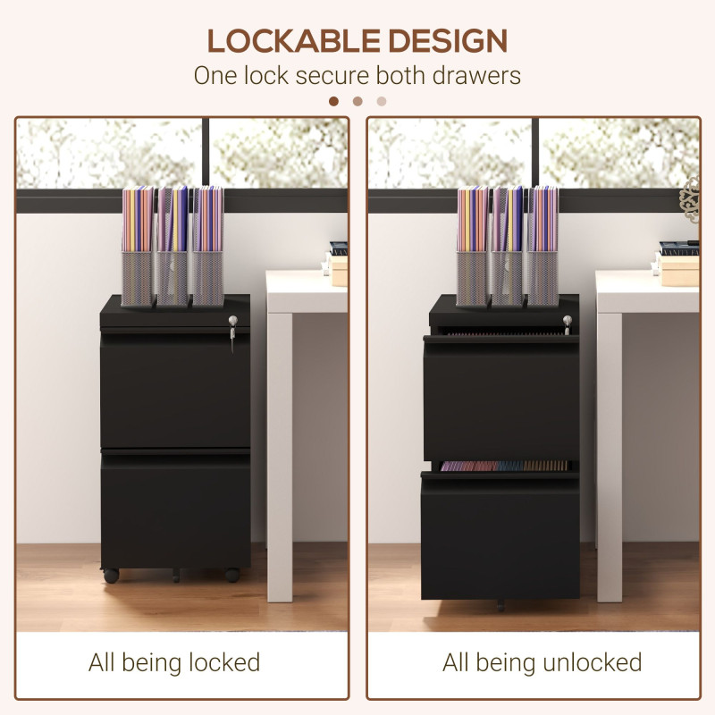 Mobile Vertical Filing Cabinet with Lock, 2-Drawer Steel File Cabinet with Adjustable Hanging Bar for Letter, A4 and Legal Size, Black