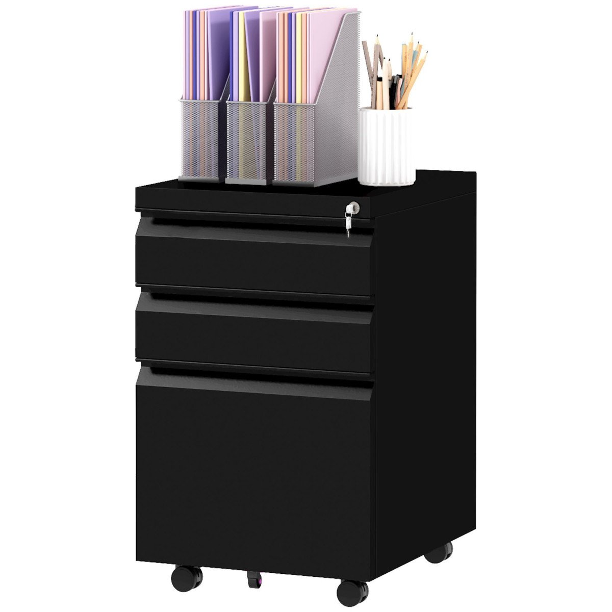 3 Drawer File Cabinet with Lock, Steel Vertical Filing Cabinet with 5 Wheels and Hanging Bar for A4/Legal/Letter, Home Office Printer Stand with Pre-Assembled Body, Black
