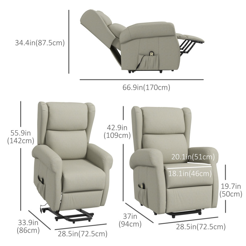 Wingback Lift Chair for Elderly, Power Chair Recliner with Footrest, Remote Control, Side Pockets, Cream White