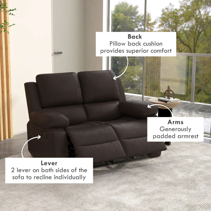 Reclining Loveseat Sofa with Pullback Control Footrest, Leather Manual Recliner for Living Room, Easy Cleaning & Assembly, Brown