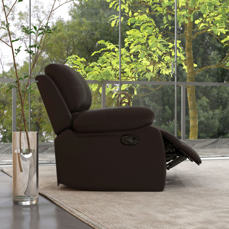 Reclining Loveseat Sofa with Pullback Control Footrest, Leather Manual Recliner for Living Room, Easy Cleaning & Assembly, Brown
