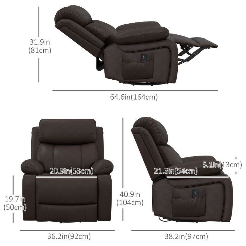 PU Leather Reclining Chair with Vibration Massage Recliner, Swivel Base, Rocking Function, Remote Control, Brown