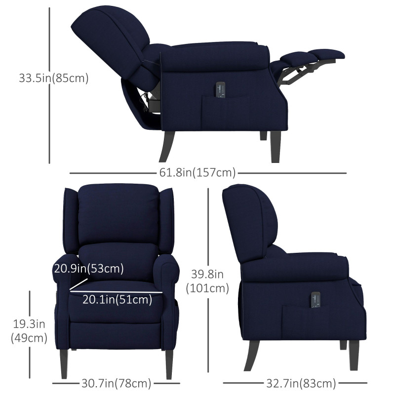 Push Back Recliner Chair, Vibration Massage Recliner for Living Room with Extendable Footrest, Remote, Pocket, Blue