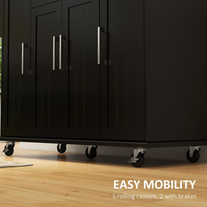 Modern Rolling Kitchen Island Cart with Drawers, Natural Wood Top, Towel Rack, Door Storage Cabinet, Black