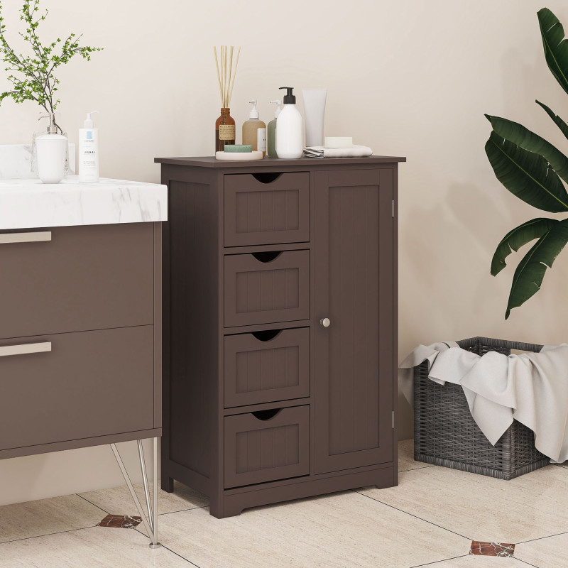 Bathroom Storage Cabinet, Floor Cabinet with Adjustable Shelf and 4 Drawers, Side Cabinet for Washroom, Brown