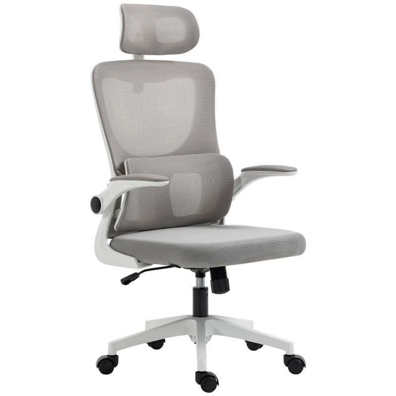 Ergonomic Office Chair, Mesh Computer Desk Chair with Adjustable Headrest, 4D Lumbar Support, Flip-up Arm, Grey