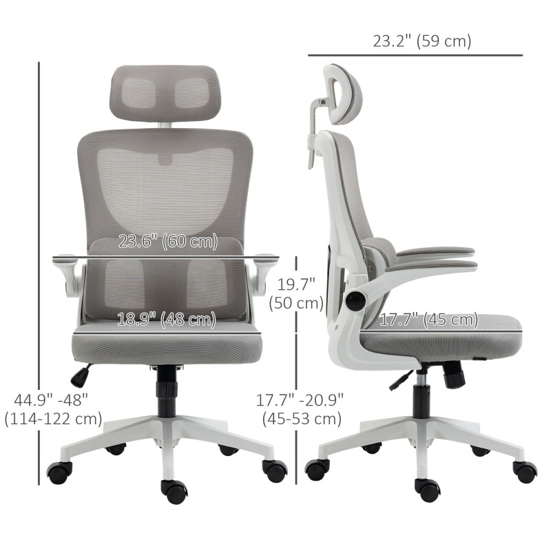 Ergonomic Office Chair, Mesh Computer Desk Chair with Adjustable Headrest, 4D Lumbar Support, Flip-up Arm, Grey