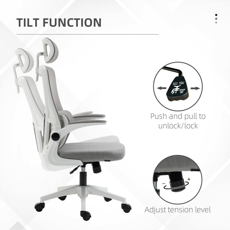 Ergonomic Office Chair, Mesh Computer Desk Chair with Adjustable Headrest, 4D Lumbar Support, Flip-up Arm, Grey