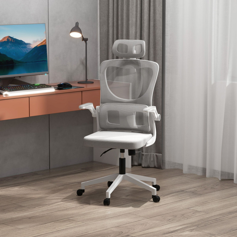 Ergonomic Office Chair, Mesh Computer Desk Chair with Adjustable Headrest, 4D Lumbar Support, Flip-up Arm, Grey