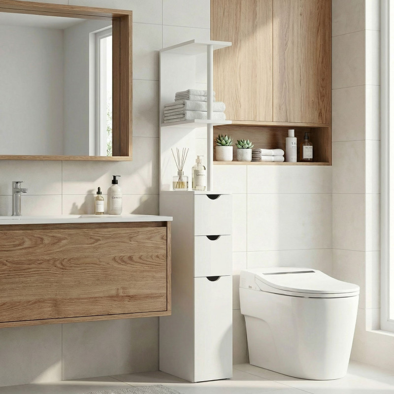 Tall Bathroom Storage Cabinet, Narrow Bathroom Cabinet with Drawers and Open Shelves for Small Spaces, White
